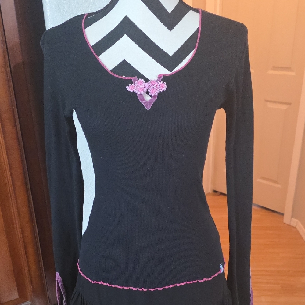 Black Long Sleeve Top with Pink Trim